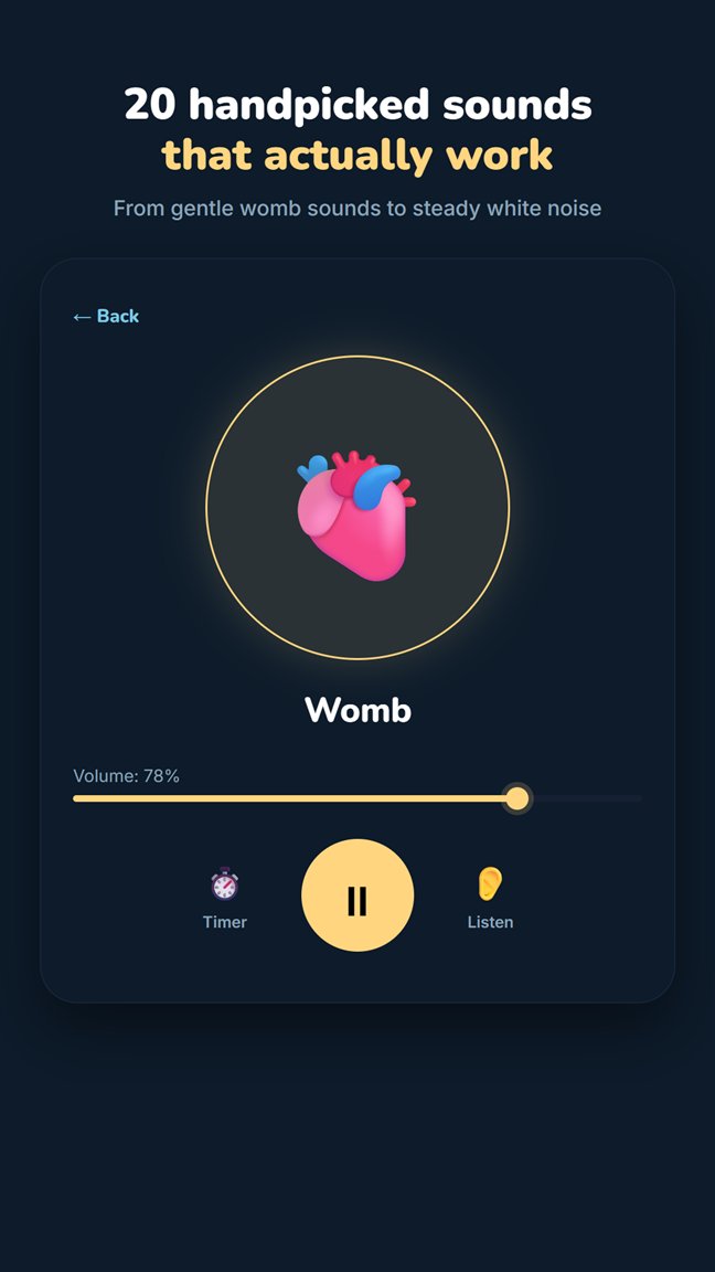 Player screen playing the Womb sound with a volume slider, timer and Listen buttons